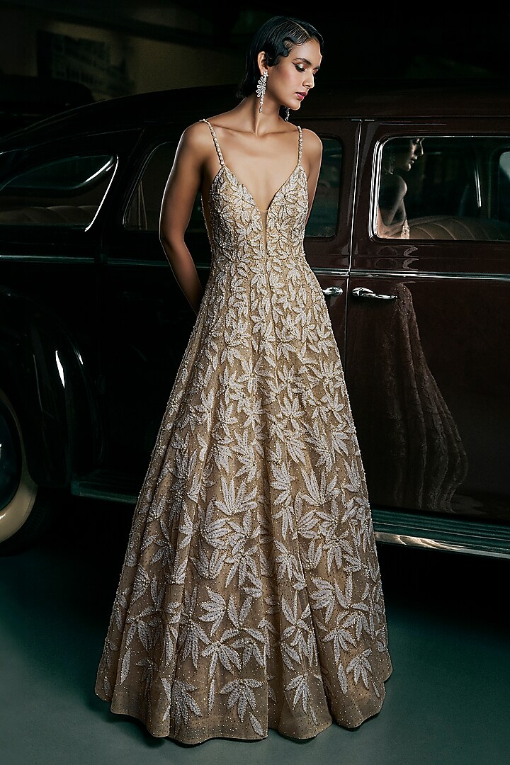 Nude Net Sequins & Crystal Embroidered Gown by Seema Gujral at Pernia's Pop Up Shop