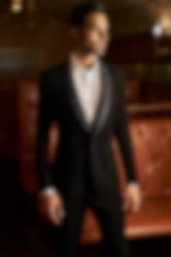 Black Suiting fabric Embroidered Tuxedo Set by Seema Gujral Men at Pernia's Pop Up Shop