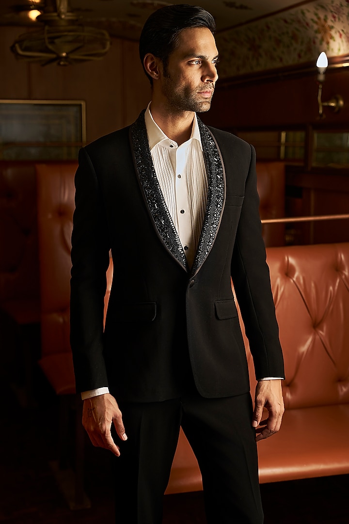 Black Suiting fabric Embroidered Tuxedo Set by Seema Gujral Men at Pernia's Pop Up Shop