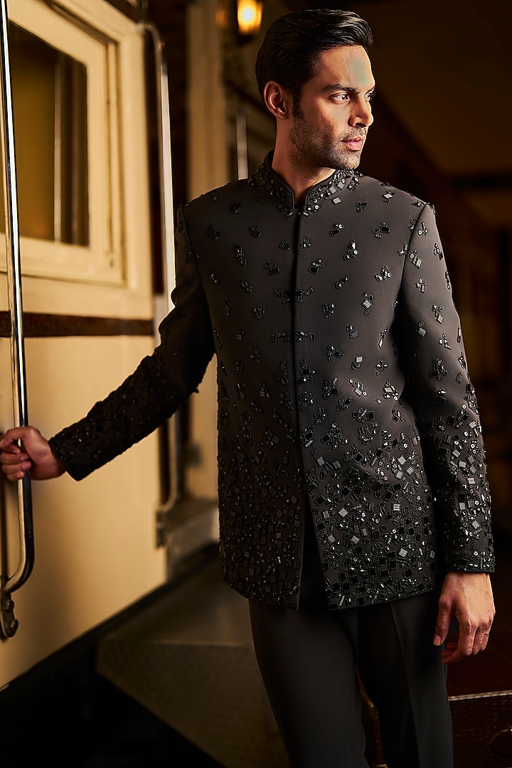Grey Cotton Bugle Bead Embroidered Bandhgala Set by Seema Gujral Men