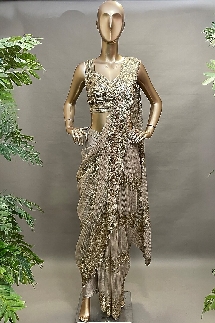 Gold Silk Net Wedding Saree Set by Chaashni by Maansi and Ketan at Pernia's Pop Up Shop