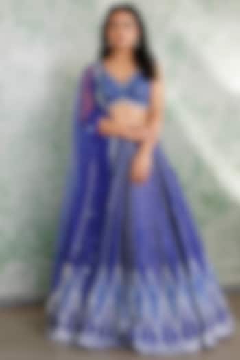 Bright Blue Dupion Silk Floral Thread Embellished Wedding Lehenga Set by Chamee and Palak at Pernia's Pop Up Shop
