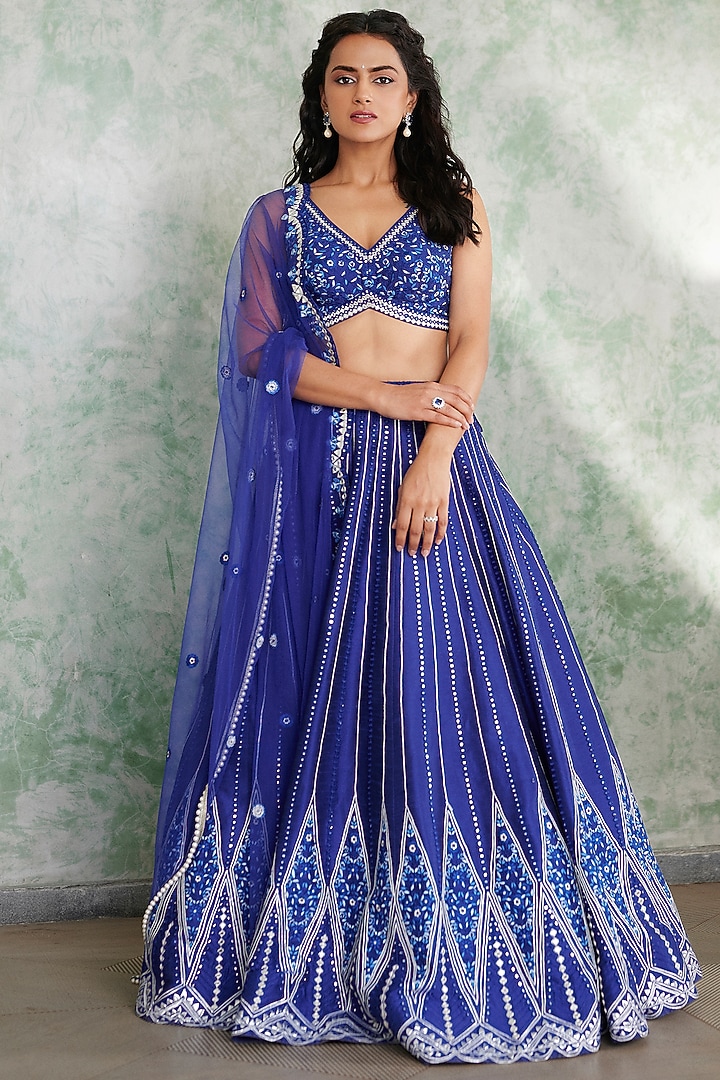 Bright Blue Dupion Silk Floral Thread Embellished Wedding Lehenga Set by Chamee and Palak at Pernia's Pop Up Shop