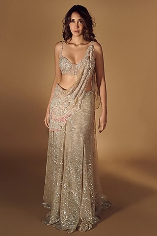 Silver Sequins Lycra Embroidered Draped Saree Set by Dolly J