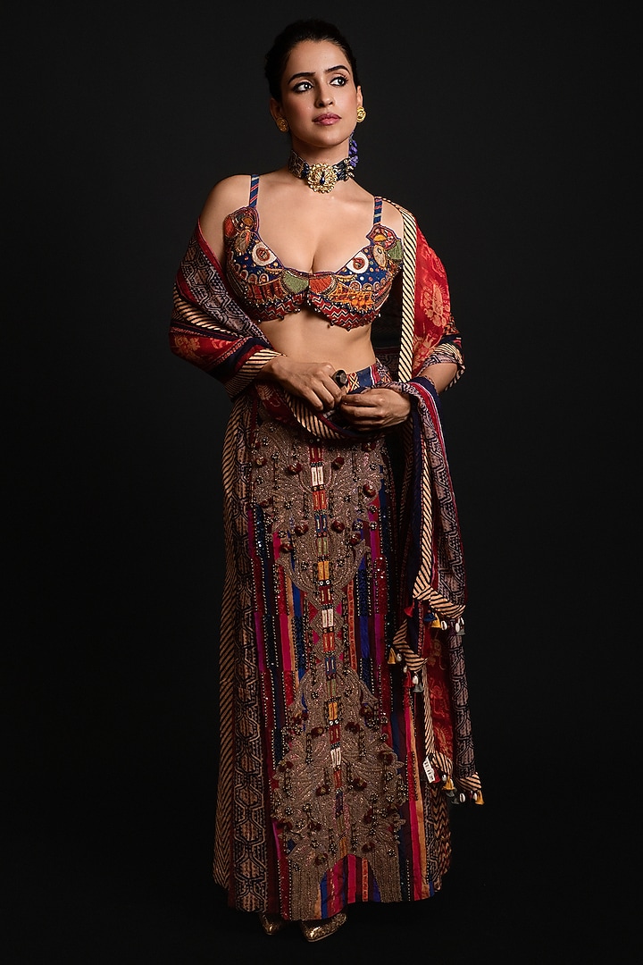Multi-Colored Mushroom Twill Embroidered & Printed Skirt Set by ASEEM KAPOOR at Pernia's Pop Up Shop