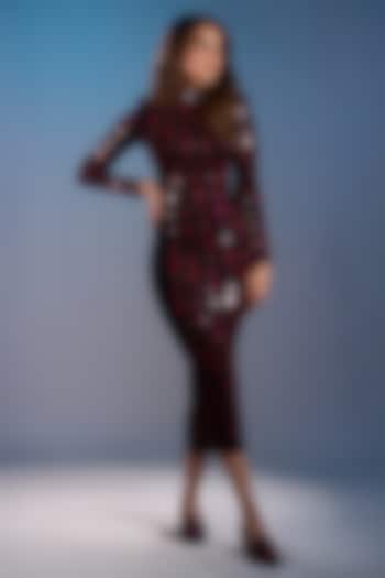 Black & Maroon Luxury Jersey Bodycon Cocktail Dress by Sameer Madan at Pernia's Pop Up Shop