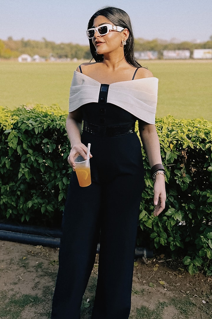 Almond Black Luxury Crepe Off-Shoulder Jumpsuit by Sameer Madan at Pernia's Pop Up Shop