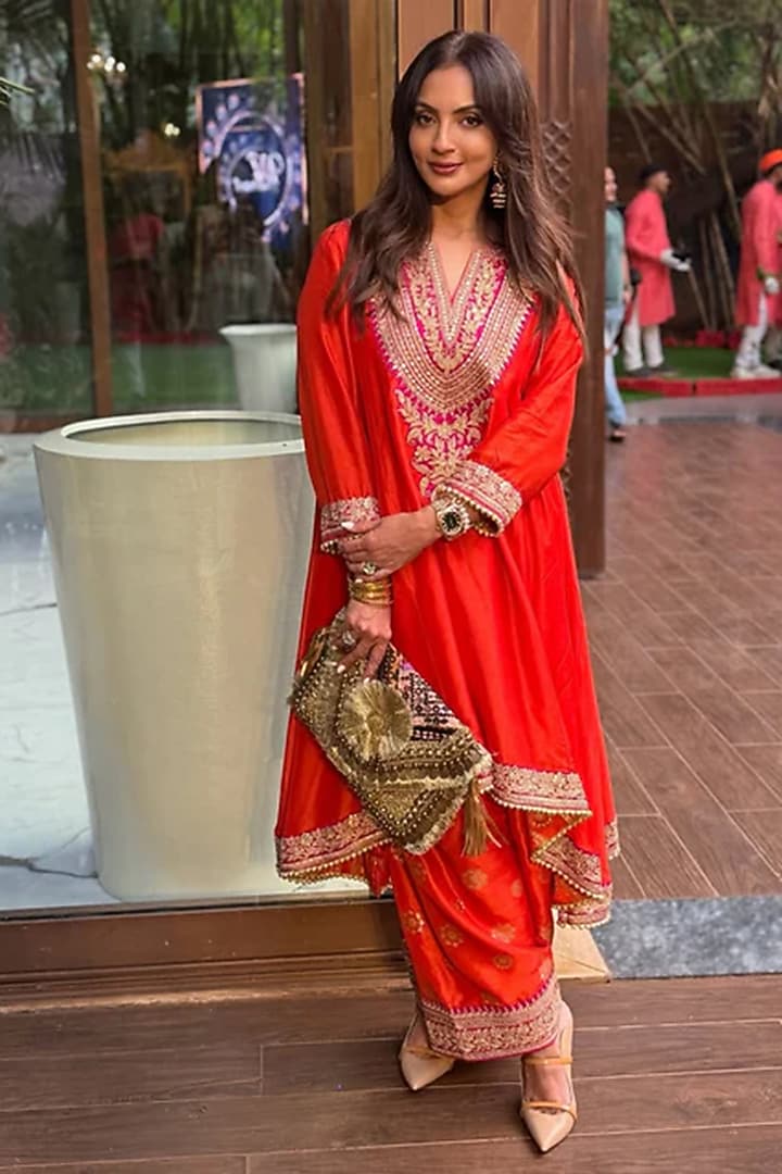 Orange Tussar Embroidered Asymmetrical Kurta Set by GOPI VAID at Pernia's Pop Up Shop