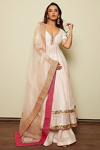 Daisy Ivory Pure Silk Chanderi Gota Patti Embellished Anarkali Set by Sheetal Batra