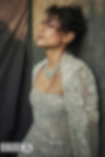 Nude Soft Tulle Floral Embroidered Bridal Gown With Cape by Mishru at Pernia's Pop Up Shop