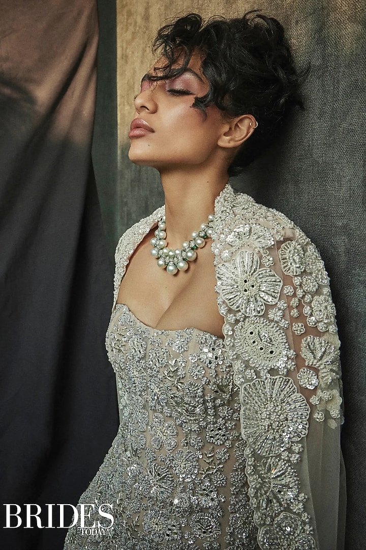 Nude Soft Tulle Floral Embroidered Bridal Gown With Cape by Mishru at Pernia's Pop Up Shop