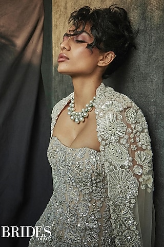 Nude Soft Tulle Floral Embroidered Gown With Cape by Mishru