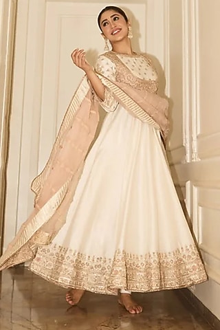 Daisy Ivory Silk Chanderi Embroidered Jacket Anarkali Set by Sheetal Batra