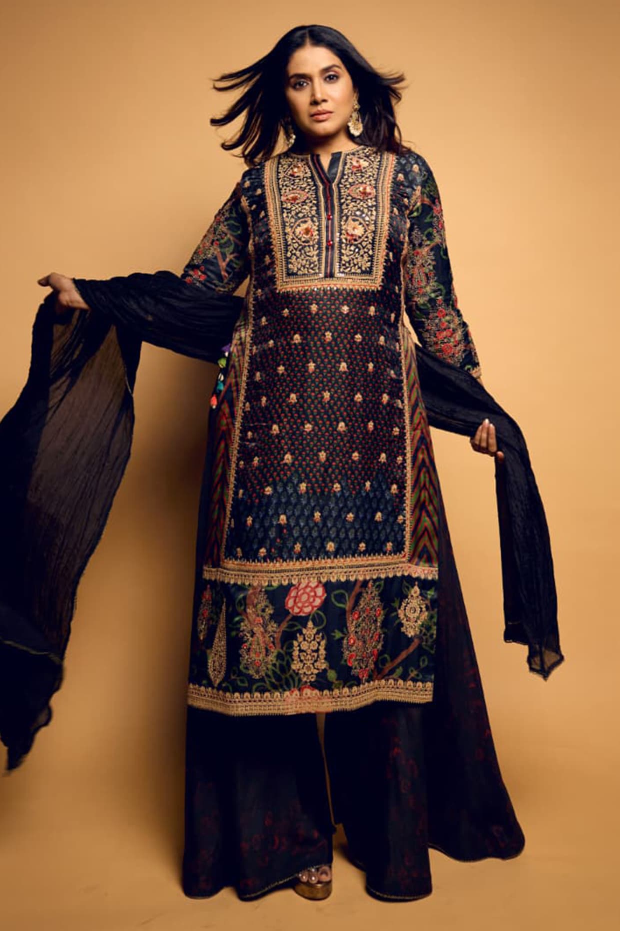 SHRADDHA RAMBHIA Black Gajji Silk Printed & Embroidered Kurta Set