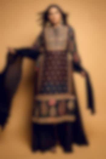 Black Gajji Silk Printed & Embroidered Kurta Set by SHRADDHA RAMBHIA at Pernia's Pop Up Shop