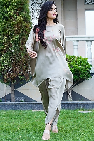 Olive Green Bamberg Satin Hand Painted Co-Ord Set by Kyra By Nina & Deepika