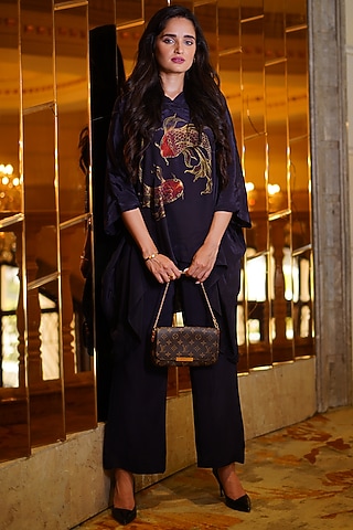 Midnight Blue Art Crepe Hand Painted Co-ord Set by Kyra By Nina & Deepika