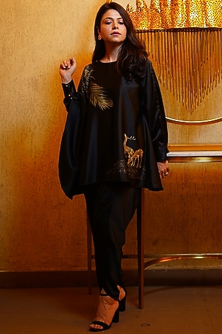 Black Armani Satin Hand Painted Co-Ord Set by Kyra By Nina & Deepika