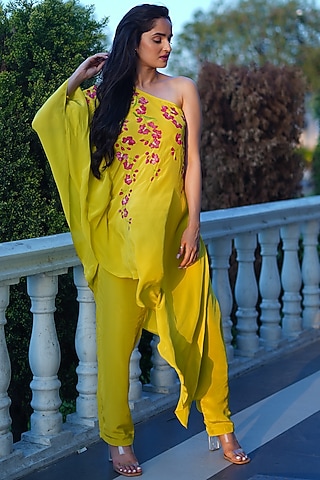 Lime Art Crepe Handpainted Co-Ord Set by Kyra By Nina & Deepika