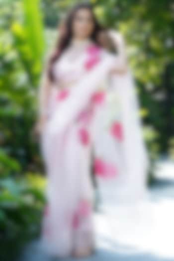 Blush Pink Silk Organza Hand Painted Party Wear Saree Set by Kyra By Nina & Deepika at Pernia's Pop Up Shop