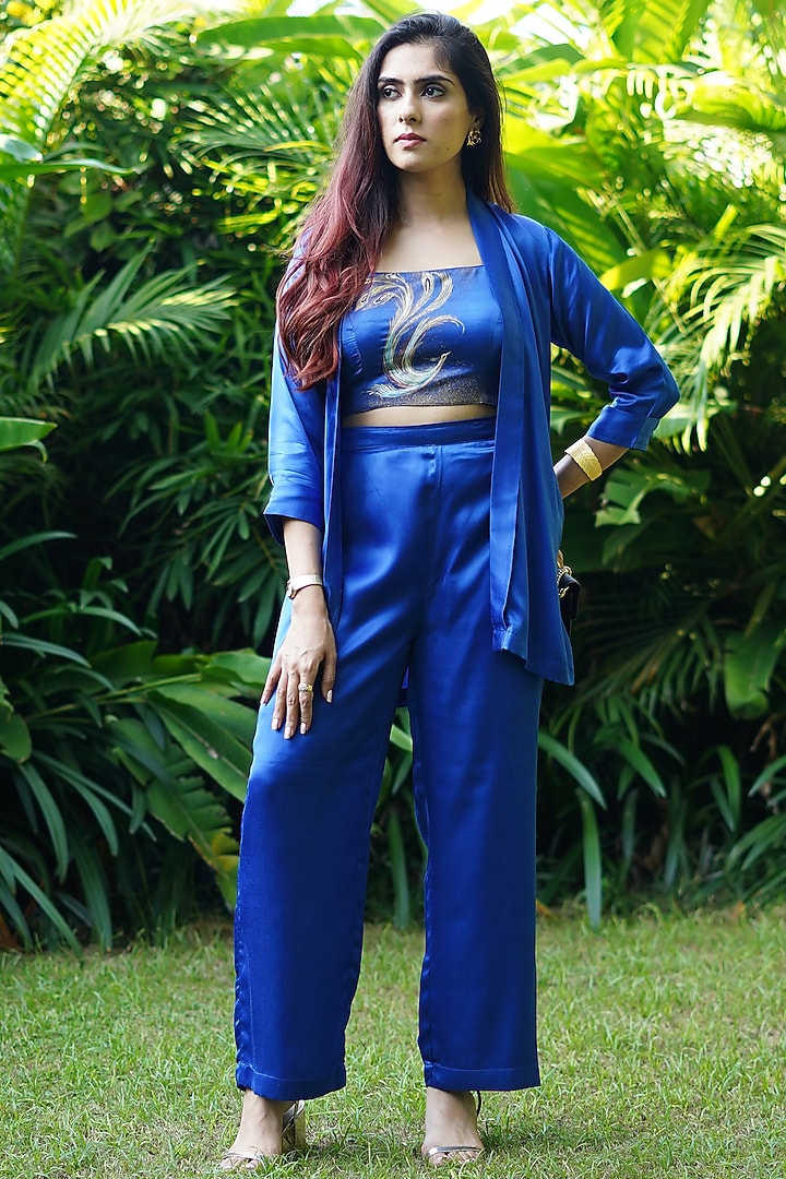 Cobalt Blue Modal Satin Hand Painted Jacket Set by Kyra By Nina & Deepika at Pernia's Pop Up Shop