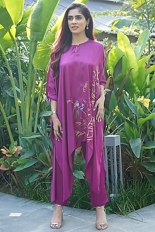 Deep Pink Modal Satin Hand Painted Co-Ord Set by Kyra By Nina & Deepika