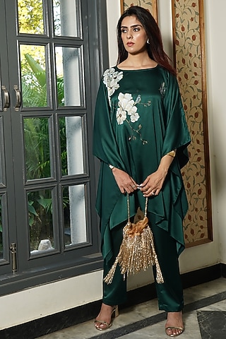 Emerald Green Modal Satin Hand Painted Co-Ord Set by Kyra By Nina & Deepika