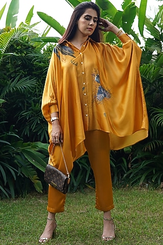 Mustard Yellow Modal Satin Hand Painted Co-Ord Set by Kyra By Nina & Deepika