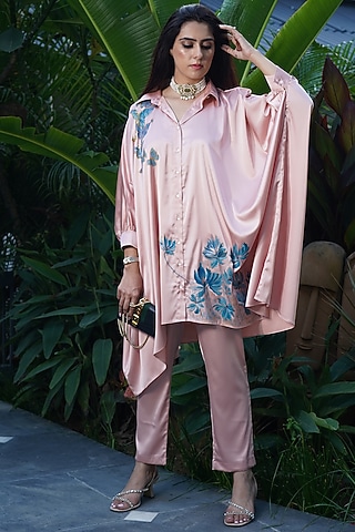 Powder Pink Satin Hand Painted Co-Ord Set by Kyra By Nina & Deepika