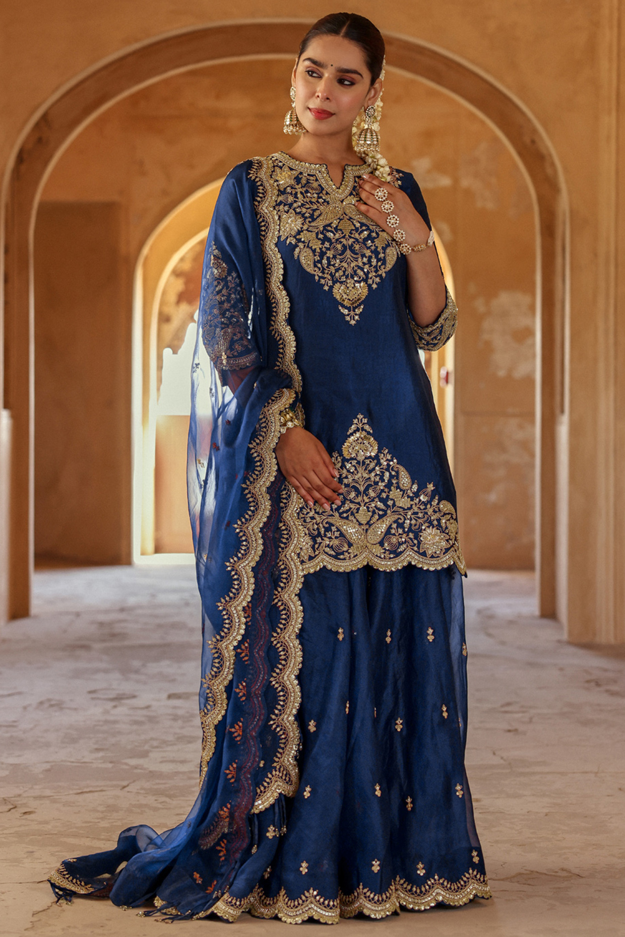 Navy Blue Spun Silk Sequins Work Bridal Sharara Set by SURBHI SHAH at Pernia's Pop Up Shop