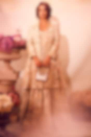 Ivory Chiniya Silk Floral Printed & Embroidered Bridal Anarkali Set by Paulmi & Harsh at Pernia's Pop Up Shop