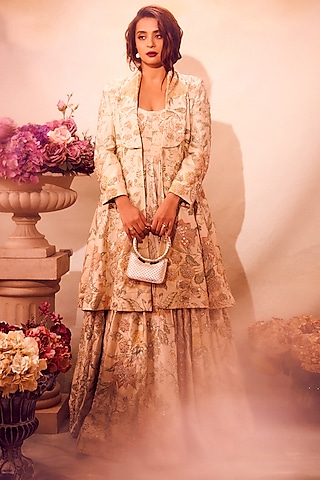 Ivory Chiniya Silk Floral Printed & Embroidered Anarkali Set by Paulmi & Harsh
