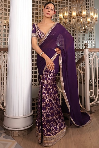 Purple Georgette & Tussar Embroidered Saree Set by GOPI VAID