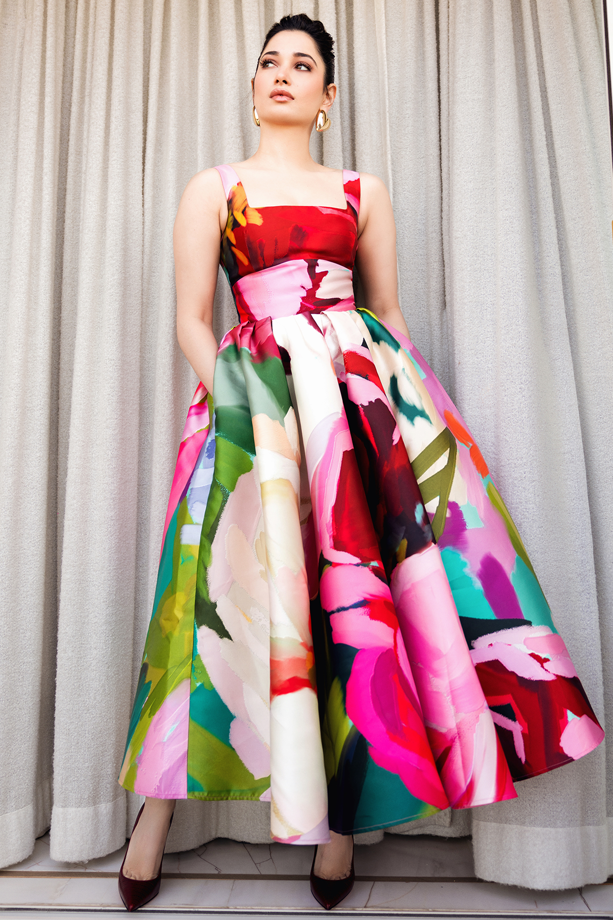 Multi-Colored Mikado Printed Midi Party Wear Dress by Gauri And Nainika at Pernia's Pop Up Shop