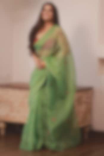 Emerald Green Pure Organza Resham Work Wedding Saree Set by JANKI INDIA at Pernia's Pop Up Shop