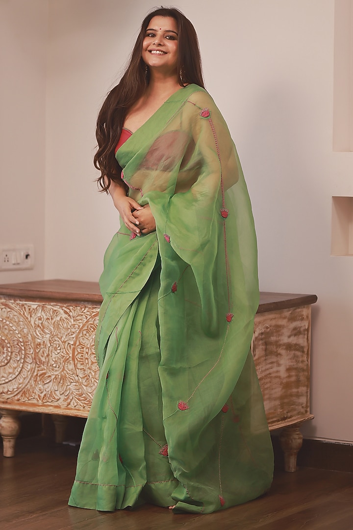 Emerald Green Pure Organza Resham Work Wedding Saree Set by JANKI INDIA at Pernia's Pop Up Shop