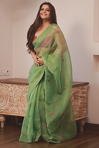 Emerald Green Pure Organza Resham Work Saree Set by JANKI INDIA