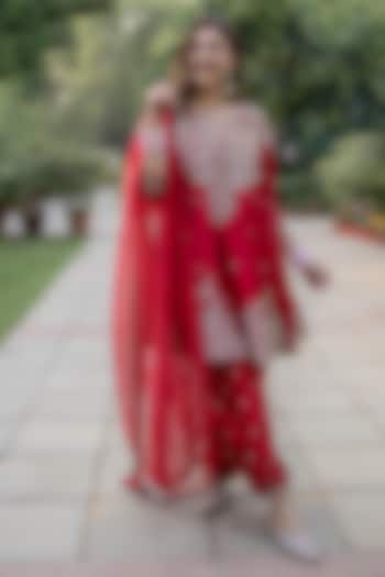 Red Pure Silk Hand Embroidered Short Bridal Anarkali Set by Mrunalini Rao at Pernia's Pop Up Shop