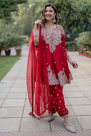 Red Pure Silk Hand Embroidered Short Anarkali Set by Mrunalini Rao
