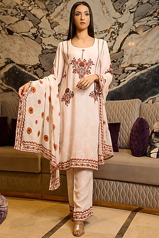 Beige Crepe Floral Printed Kurta Set by URFAA by Urshia Fatima