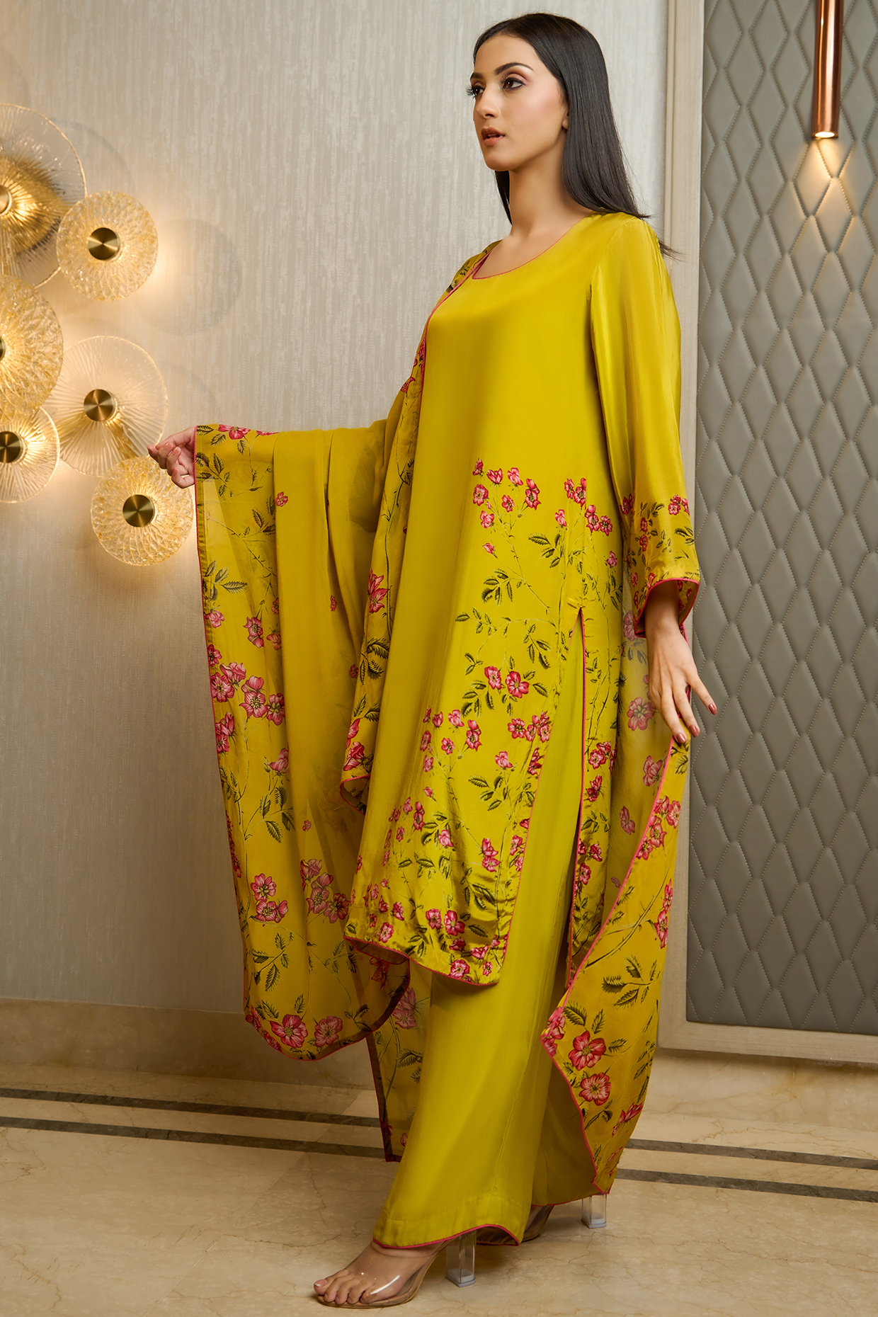 Lime Green Crepe Printed Kurta Set by URFAA by Urshia Fatima