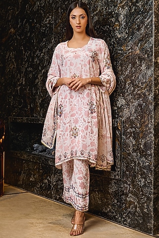 White Crepe Embroidered & Printed Kurta Set by URFAA by Urshia Fatima