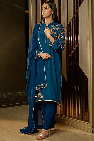 Midnight Blue Crepe Printed & Embroidered Kurta Set by URFAA by Urshia Fatima