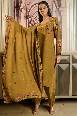 Olive Green Crepe Embroidered & Printed Kurta Set by URFAA by Urshia Fatima