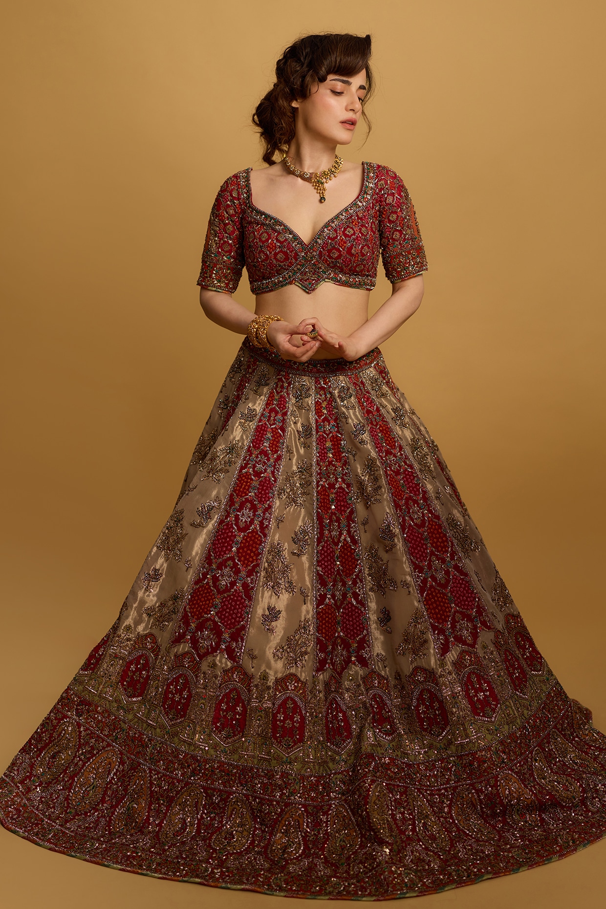ROQA | Siddharth Khurana & Kartik Khurana Maroon Premium Banarasi Silk Zari Embroidered Bridal Lehenga Set