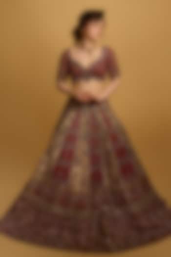 Maroon Premium Banarasi Silk Zari Embroidered Bridal Bridal Lehenga Set by ROQA | Siddharth Khurana & Kartik Khurana at Pernia's Pop Up Shop