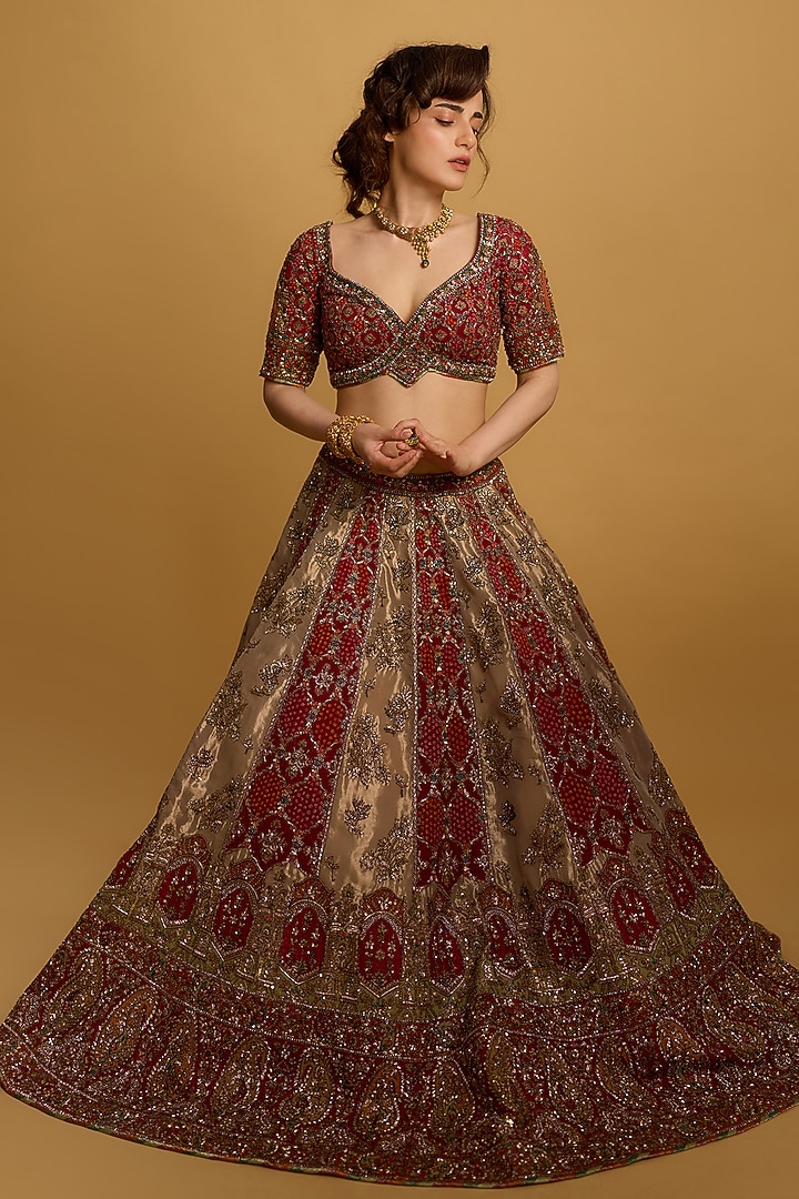 Maroon Premium Banarasi Silk Zari Embroidered Bridal Bridal Lehenga Set by ROQA | Siddharth Khurana & Kartik Khurana at Pernia's Pop Up Shop