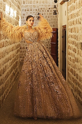 Copper Shimmer Tulle Embroidered Gown by Dolly J