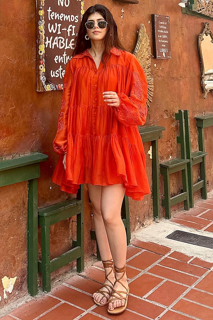 Vermillion Silk Organza Floral Embroidered Mini Vacation Dress by Paulmi & Harsh at Pernia's Pop Up Shop