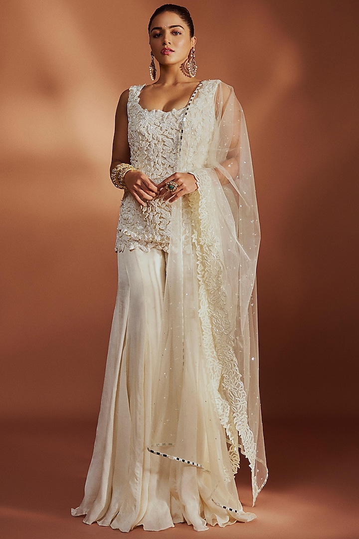 Ivory Satin Organza Wedding Sharara Set by ASAGA at Pernia's Pop Up Shop
